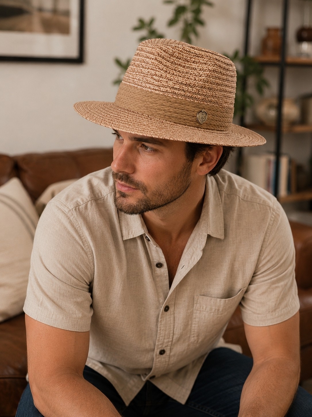 Vince Camuto Straw Fedora Hat Tan Neutral Wide Brim Unisex Summer Resort